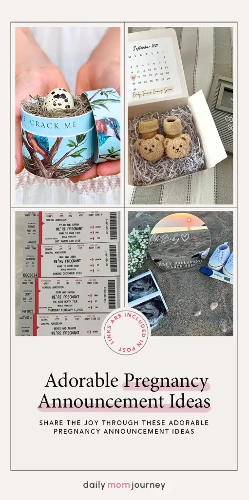 Creative pregnancy announcement ideas featuring baby booties, concert tickets, and personalized keepsakes.