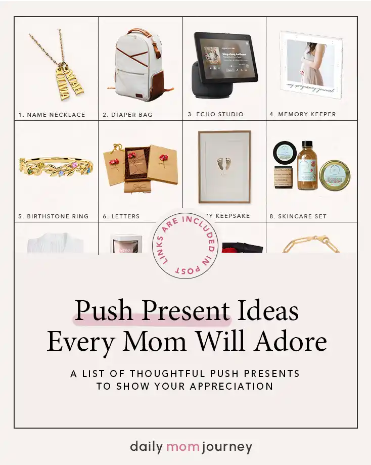 A collage of thoughtful push present ideas, including a name necklace, diaper bag, skincare set, and other meaningful gifts for new mothers.