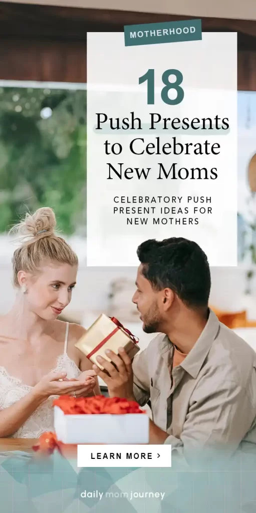 A couple exchanging a push present, showcasing celebratory gift ideas for new moms with a supportive and joyful theme.