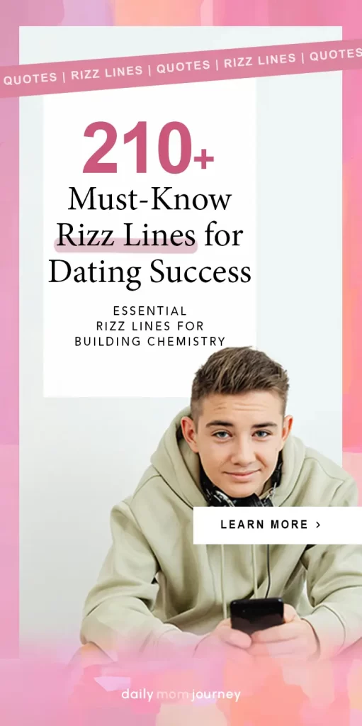 Cover image featuring the text "210+ Must-Know Rizz Lines for Dating Success" with a young man smiling and holding his phone, showcasing essential rizz lines for building chemistry.