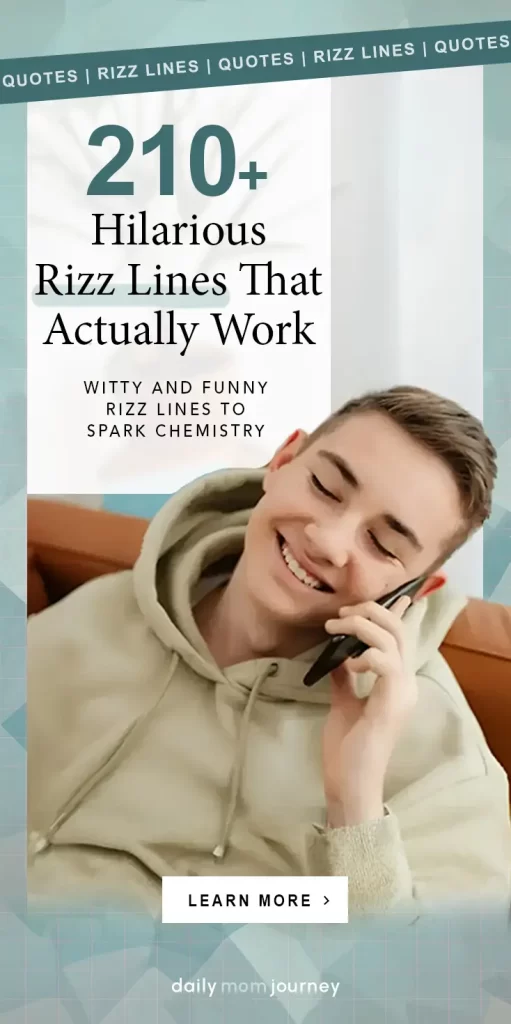 Cover image featuring the text "210+ Hilarious Rizz Lines That Actually Work" with a young man laughing while talking on the phone, highlighting witty and funny rizz lines to spark chemistry.