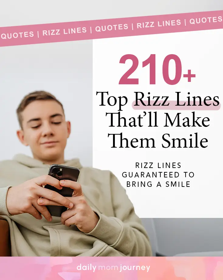 Cover image featuring the text "210+ Top Rizz Lines That’ll Make Them Smile" with a young man texting on his phone, emphasizing rizz lines guaranteed to bring a smile.