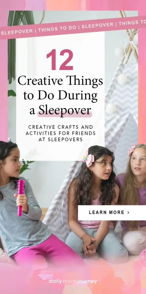 Group of girls enjoying creative crafts and activities during a sleepover in a cozy setup with a tent and string lights, showcasing fun things to do at sleepovers.