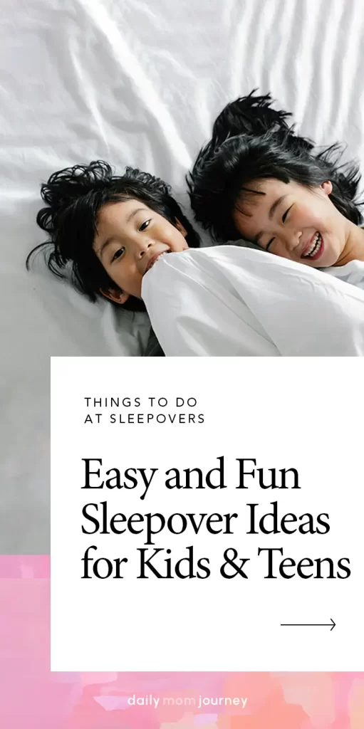 Two kids laughing on a bed during a sleepover, enjoying simple and easy activities, perfect for fun things to do at sleepovers.