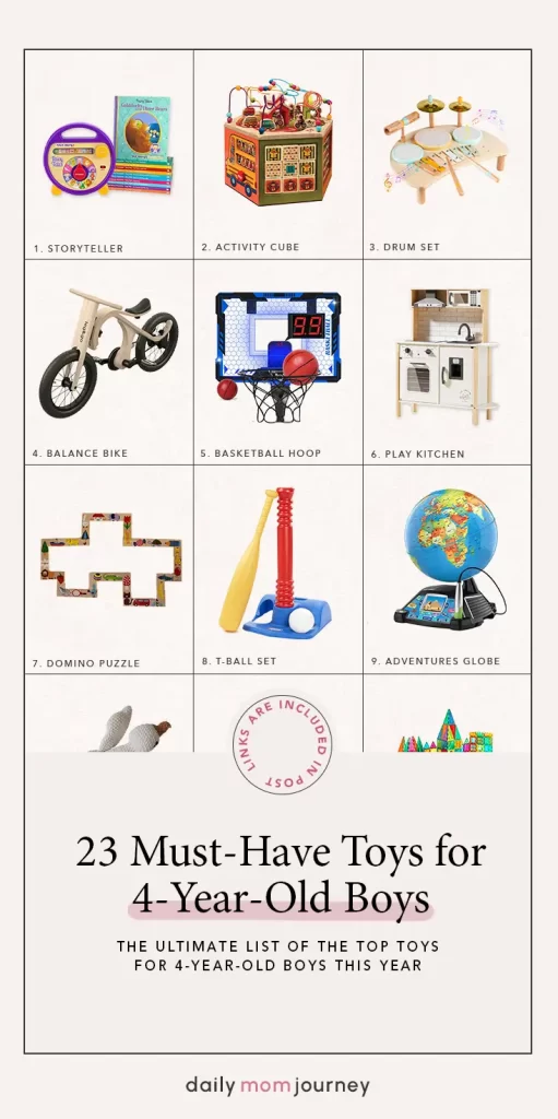 Collage featuring activity cubes, play kitchens, balance bikes, and more from the list of best toys for 4-year-old boys to inspire creative play.