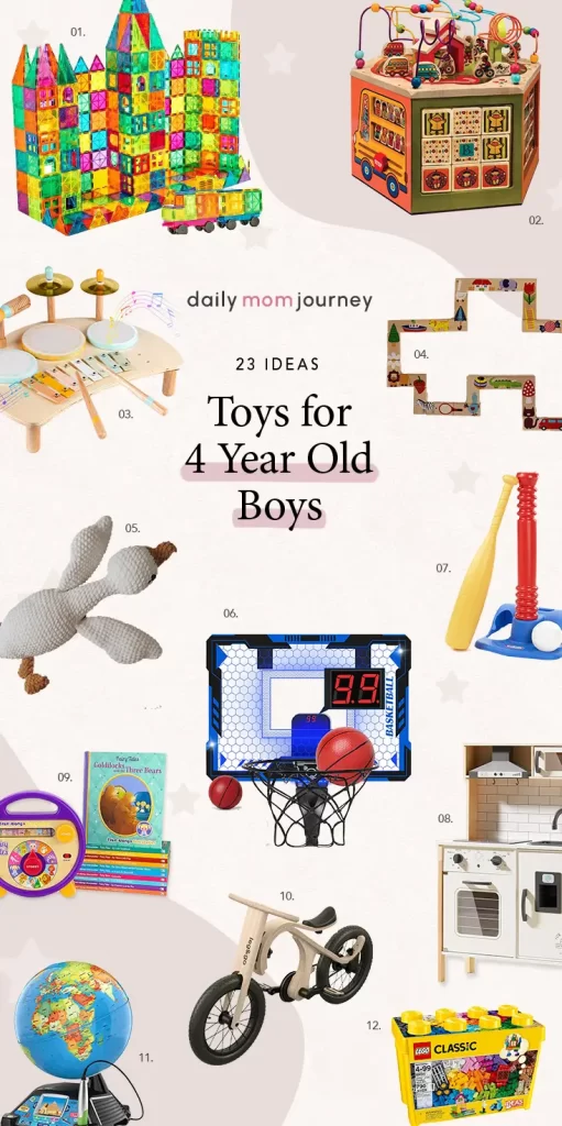 A vibrant selection of the best toys for 4-year-old boys, including building sets, basketball hoops, and musical instruments for active and imaginative play.