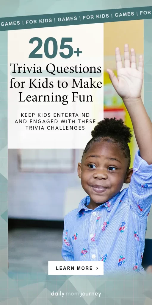 A smiling young girl in a colorful classroom raising her hand, highlighting a blog post about trivia questions designed to entertain and educate kids.