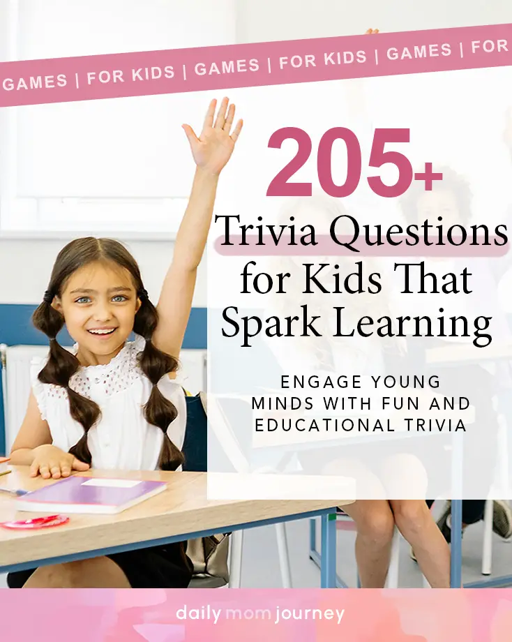 A happy young student raising her hand in a classroom, promoting a collection of fun and engaging trivia questions for kids to enjoy learning.