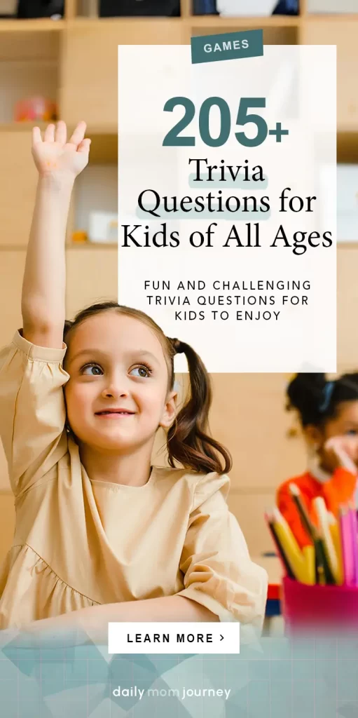 A smiling young girl raising her hand in a classroom setting, promoting a blog post about fun and challenging trivia questions for kids of all ages.