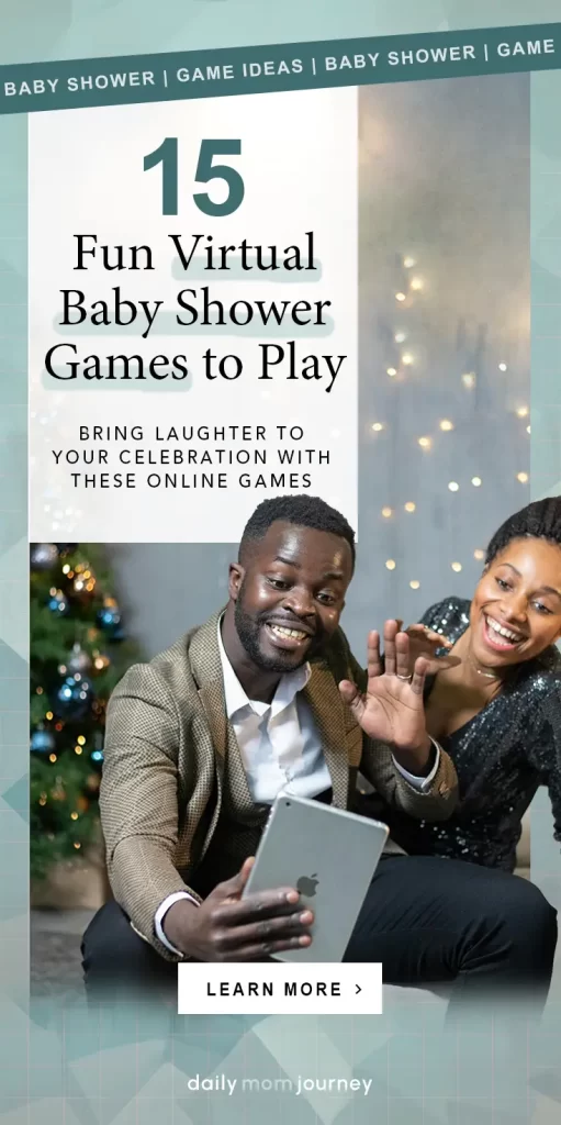 A joyful couple participating in a virtual baby shower game, sitting in front of a festive holiday backdrop with glowing string lights, using a tablet to connect with friends and family.