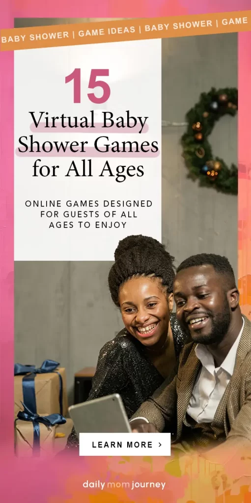 A cheerful couple enjoying virtual baby shower games designed for all ages, surrounded by a festive atmosphere with gift boxes and a decorated Christmas wreath.