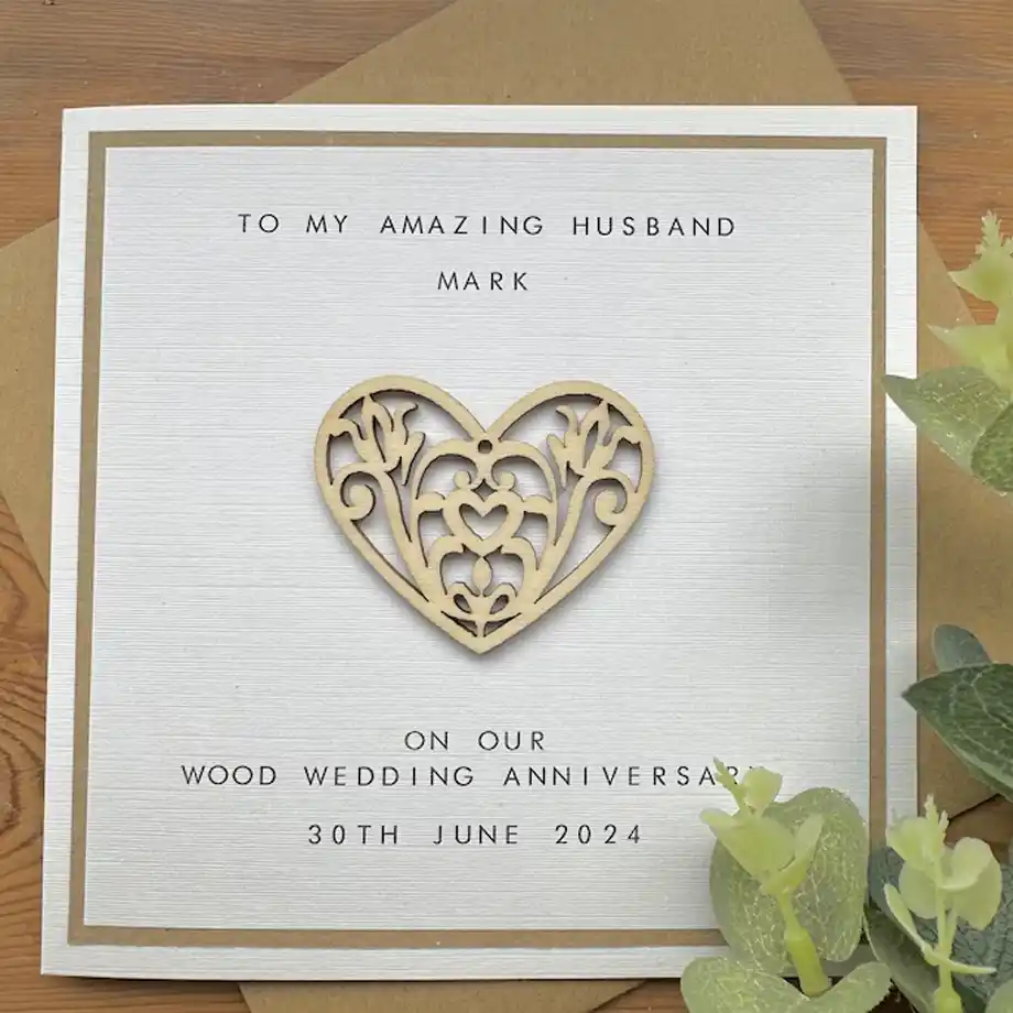 Customizable wooden 5th anniversary card featuring thoughtful Anniversary Quotes for Husband, a unique and heartfelt gift for your special day.