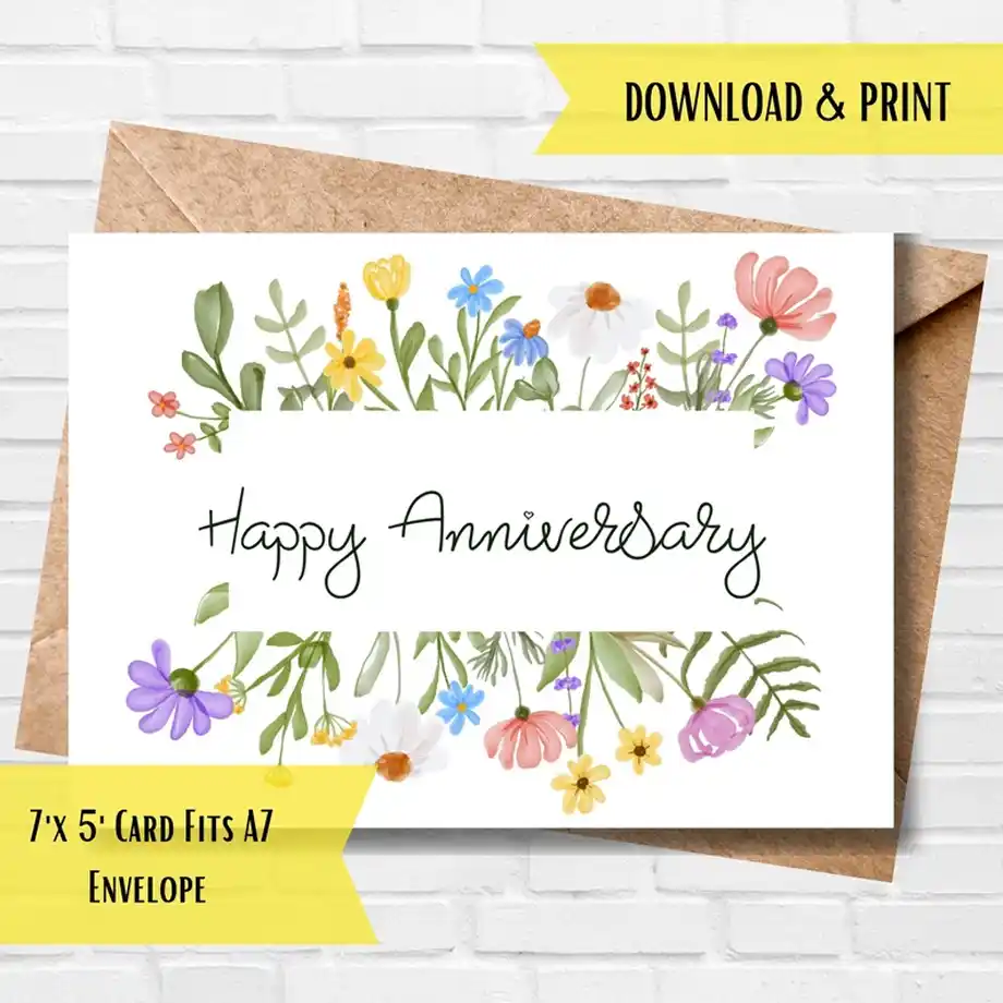 Beautiful 'Happy Anniversary' card featuring floral designs, perfect for expressing heartfelt Anniversary Quotes for Wife on your special day.