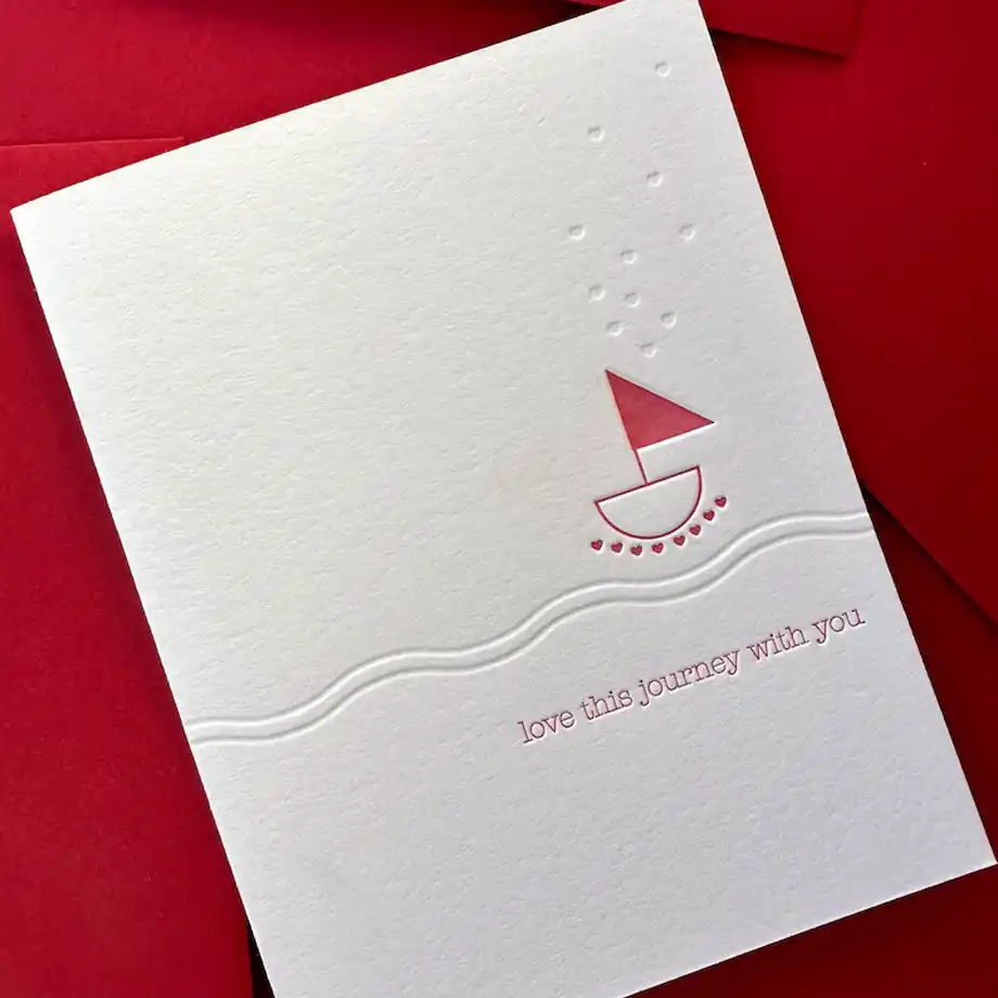 Elegant 'Love This Journey with You' letterpress card featuring heartfelt Anniversary Quotes for Wife, ideal for expressing your love and appreciation on your special day.