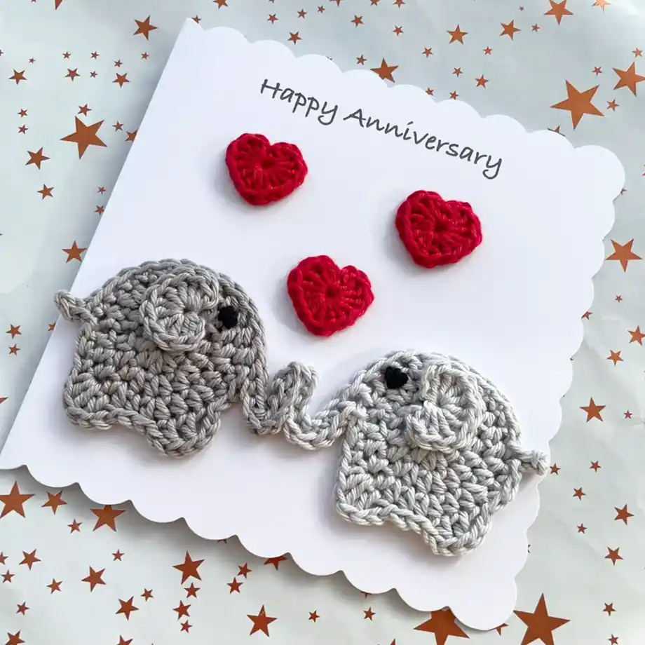 Handcrafted crochet elephant, a unique anniversary gift featuring adorable design, perfect for pairing with heartfelt Anniversary Quotes for Wife on your special day.