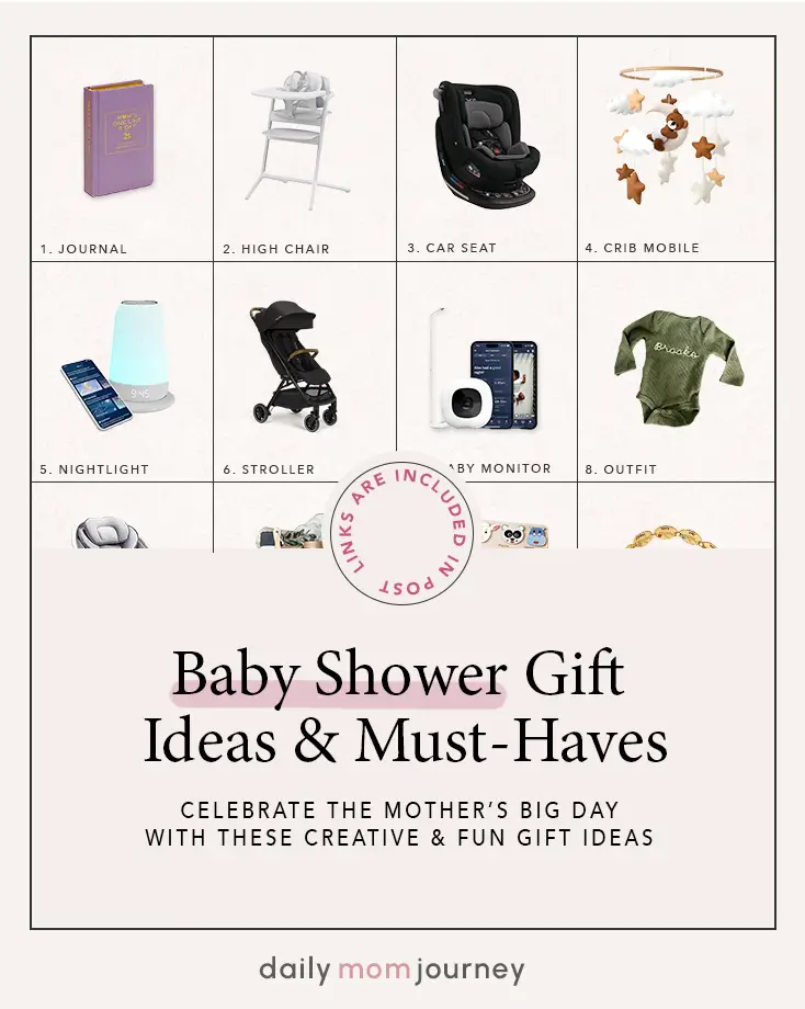 A curated selection of top baby shower gift ideas including a journal, high chair, car seat, crib mobile, nightlight, stroller, baby monitor, and outfit, all designed for new moms.