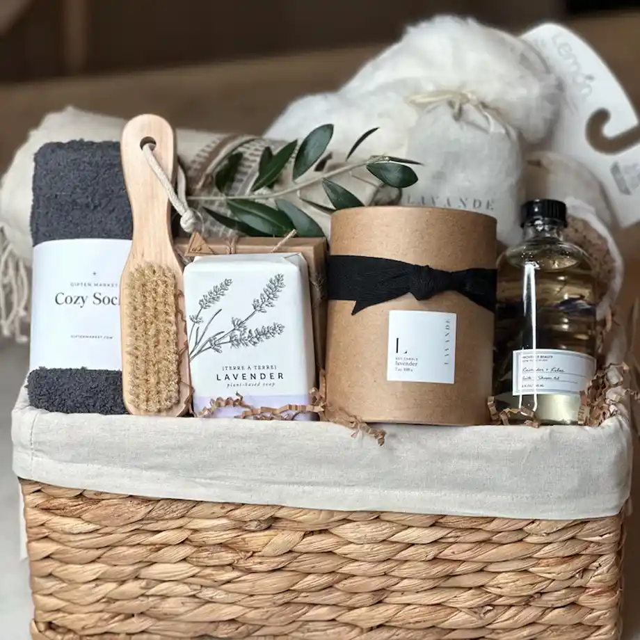 A premium spa gift set featuring relaxation essentials like candles, bath salts, and pampering treats, making it a unique and thoughtful baby shower gift idea for moms-to-be to unwind and rejuvenate.