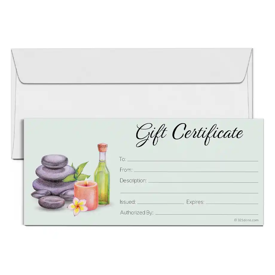 A beautifully designed massage gift certificate set with envelopes, offering a relaxing and thoughtful baby shower gift idea. Perfect for pampering moms-to-be with a rejuvenating experience.