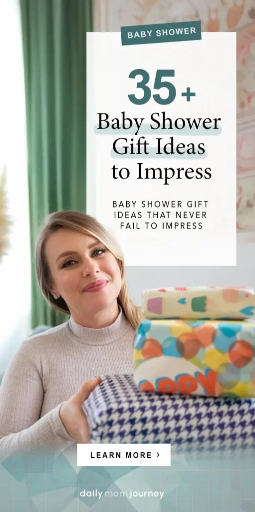 A smiling mom-to-be holding beautifully wrapped baby shower gifts with the text '35+ Baby Shower Gift Ideas to Impress' displayed.