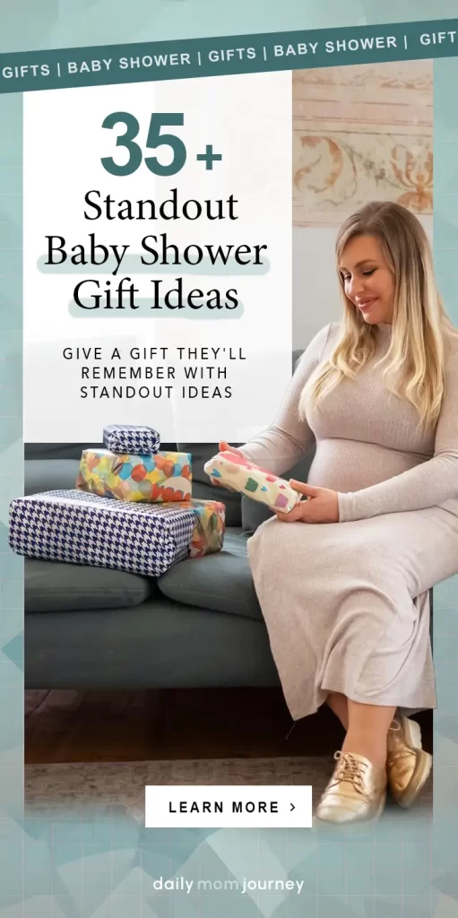 A pregnant woman sitting on a couch while admiring wrapped baby shower gifts, with the text '35+ Standout Baby Shower Gift Ideas' featured.