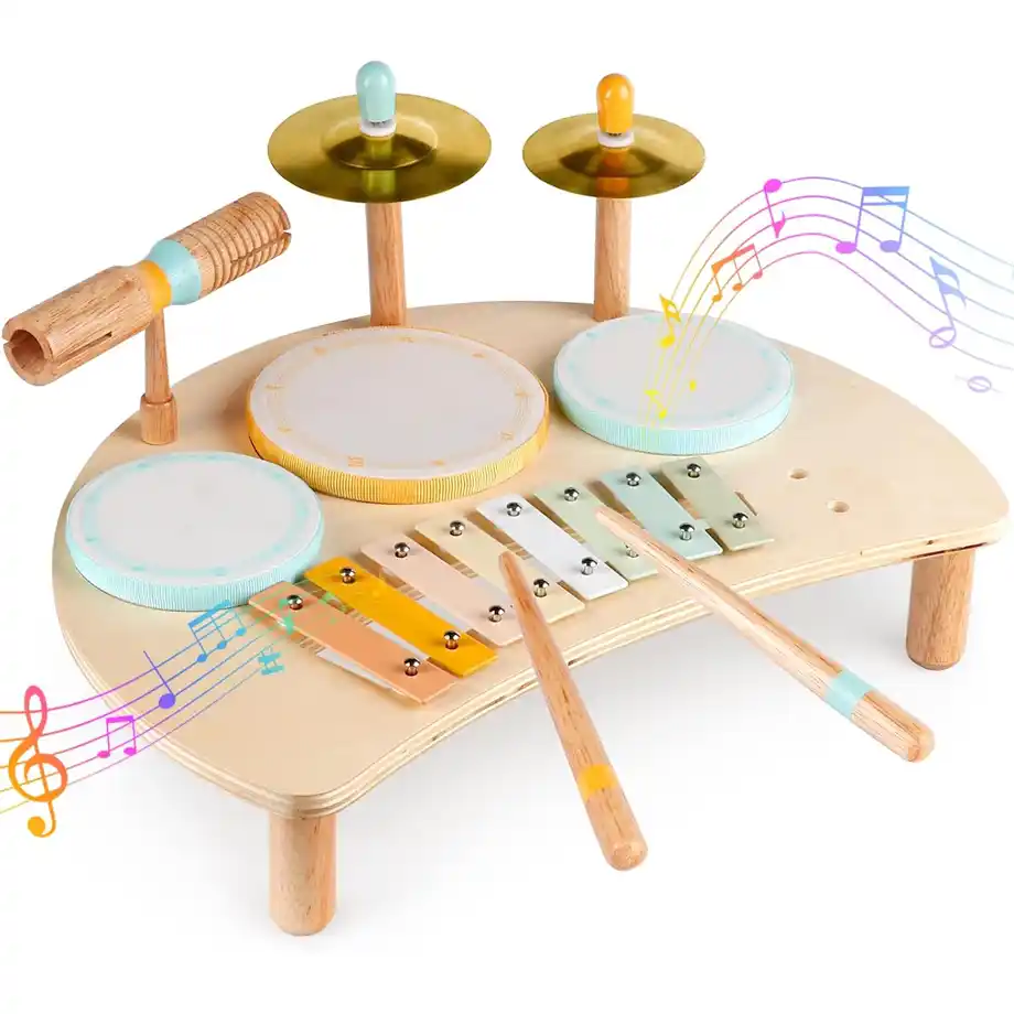 A colorful wooden musical instrument set featuring drums, cymbals, a xylophone, and drumsticks, making it one of the best toys for 4-year-old boys to foster rhythm, creativity, and fun.