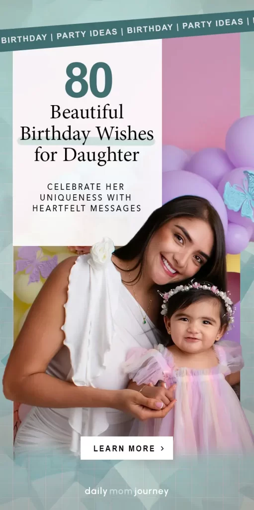 Mother and daughter in a pastel-themed birthday setting, highlighting '80 Beautiful Birthday Wishes for Daughter.'