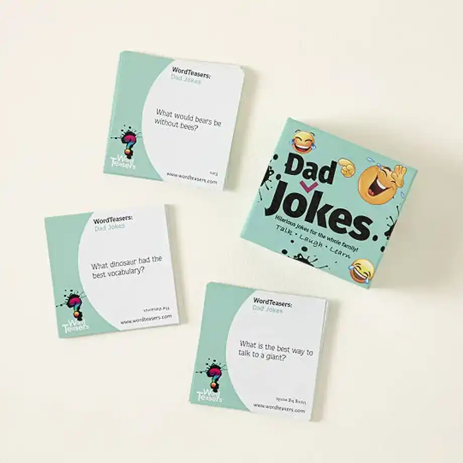 Word Teasers: Dad Jokes is a fun, family-friendly card game filled with hilarious dad jokes. Perfect for game nights or casual hangouts, this game will have everyone laughing with its cheesy puns and witty humor. Ideal for gifting to dad or anyone who enjoys dad jokes!