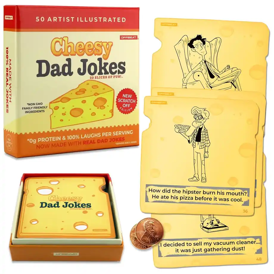 OFFBEAT Cheesy Dad Jokes Scratch-off Cards are a fun and interactive gift that will have everyone laughing. Scratch off the cards to reveal hilarious dad jokes, perfect for family gatherings, parties, or just lighthearted fun. This set makes a great gift for dads or anyone who enjoys a good, cheesy joke.