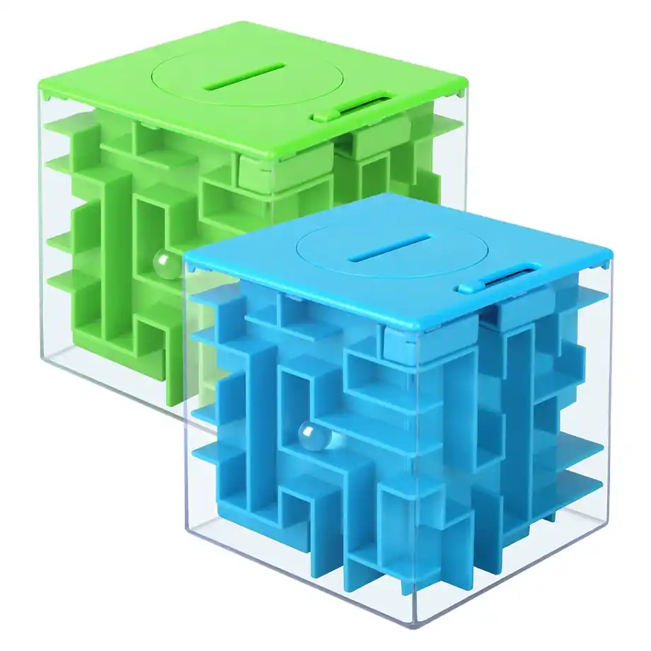 Two colorful puzzle maze money boxes in blue and green, designed as a creative and fun way to gift money, requiring recipients to solve the maze to access their cash.