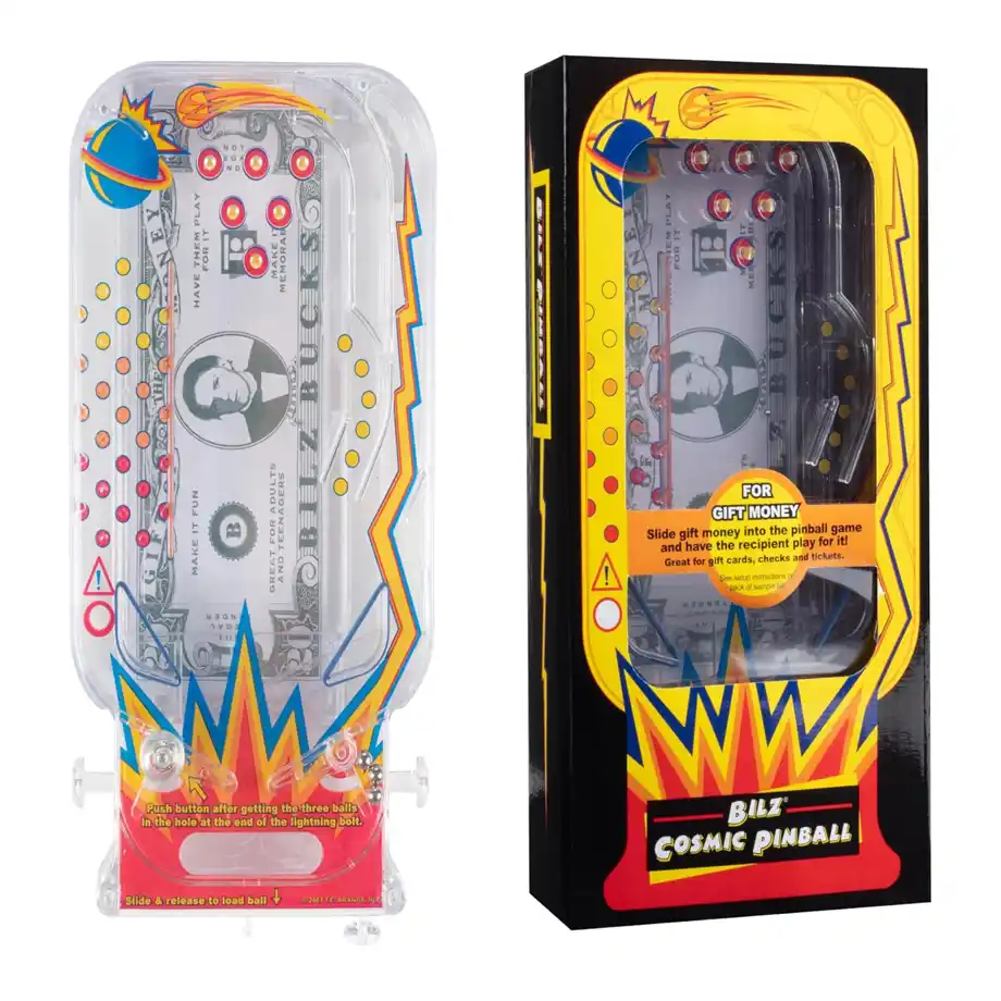 A vibrant pinball money holder game featuring colorful designs and a gift money slot, providing a fun way to gift money by turning it into an interactive challenge for the recipient.