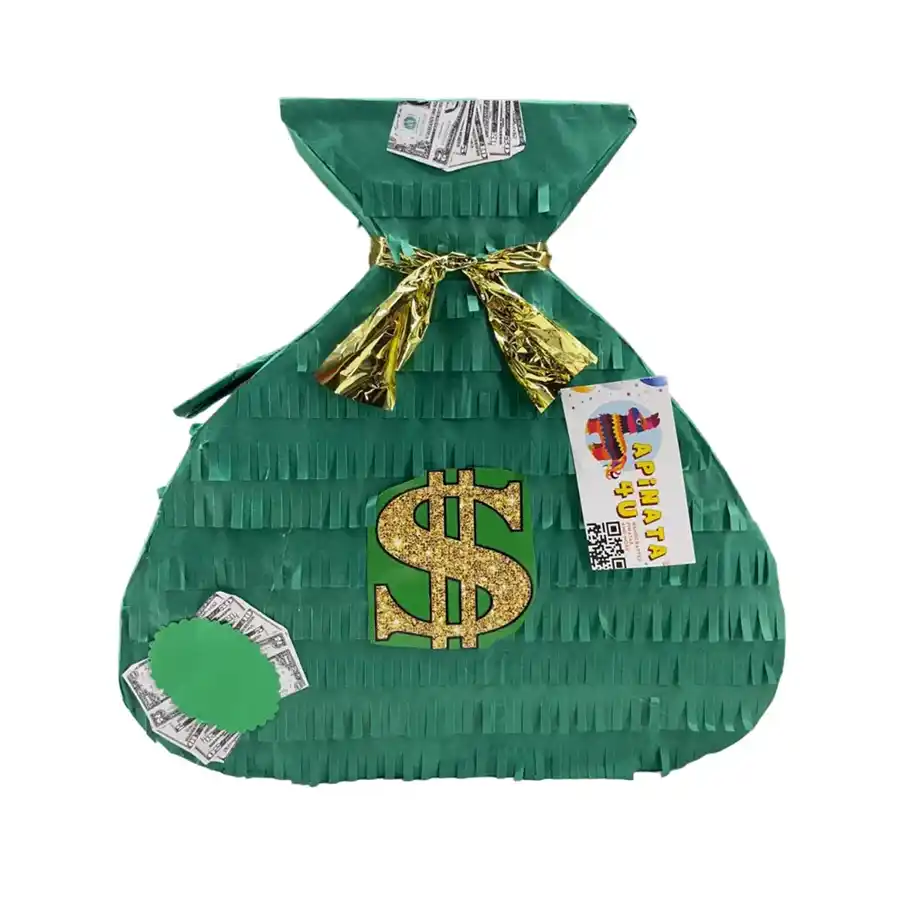 A large money bag piñata designed for creative and fun ways to gift money. This party decoration is shaped like a classic money sack, perfect for birthdays, weddings, or celebrations to surprise guests with cash or small gifts inside.