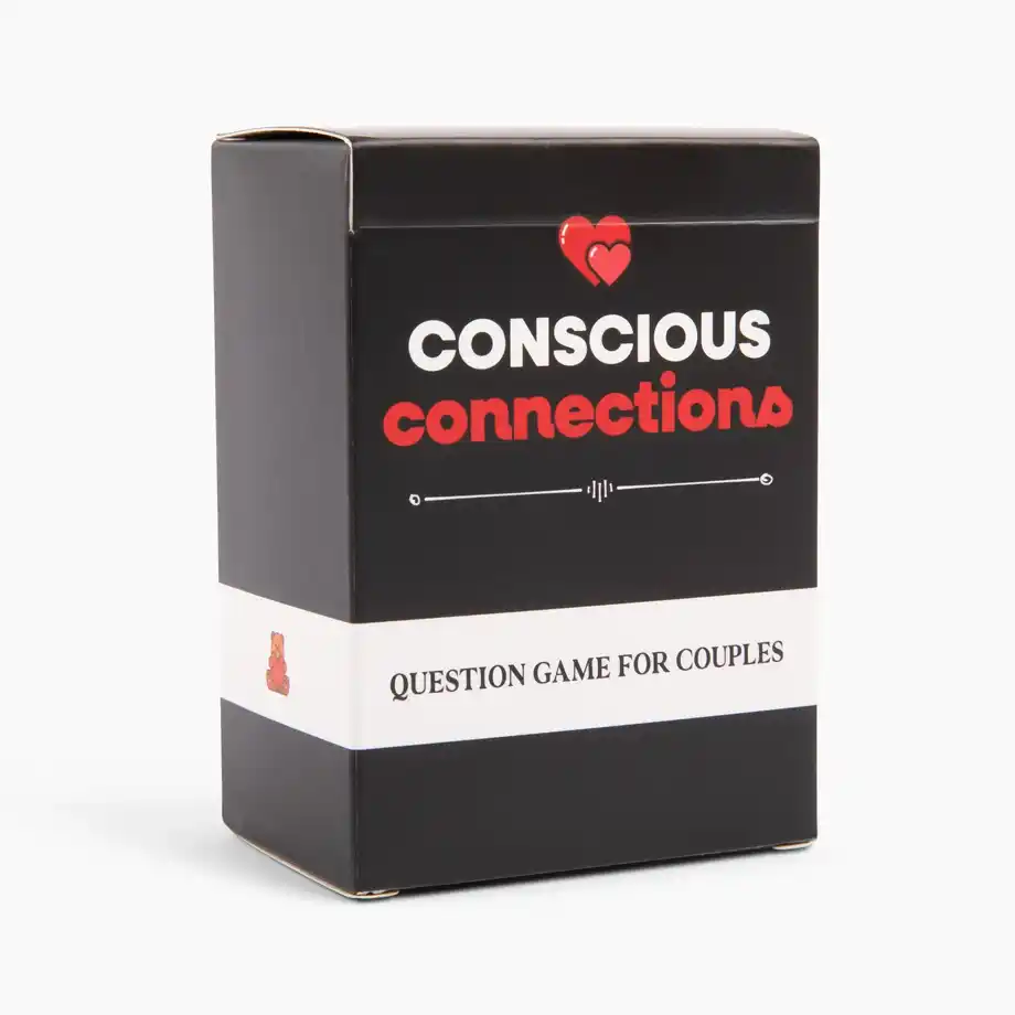 A black box with red and white accents labeled "Conscious Connections," a card game featuring ice breaker questions designed for couples to foster meaningful conversations.