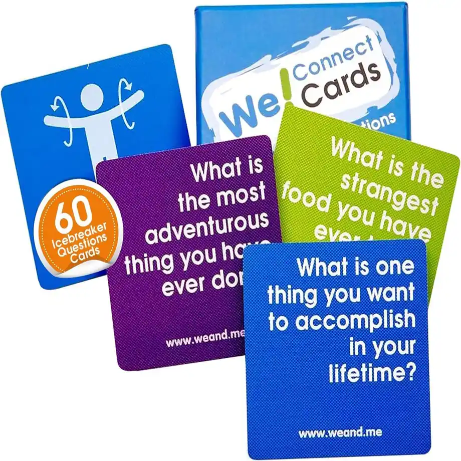 A set of colorful We! Connect Cards featuring 60 unique ice breaker questions designed to spark meaningful conversations, ideal for team building, parties, and social events.