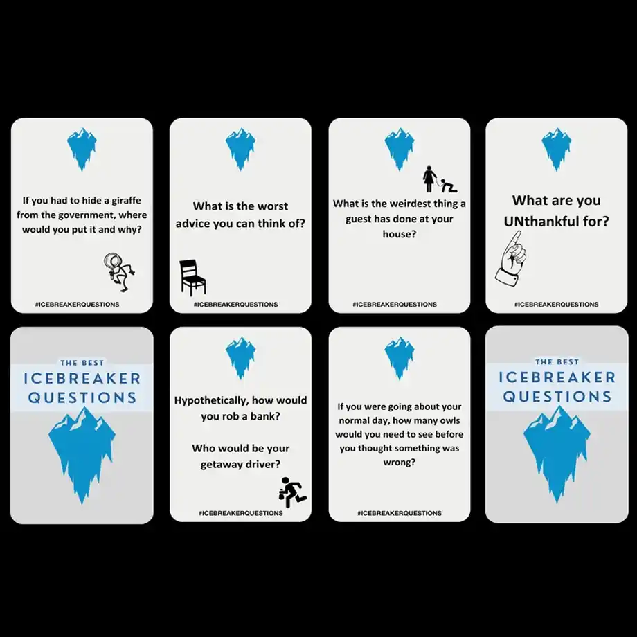 A sleek and compact TableTopics card set with Ice Breaker Questions, ideal for sparking fun and meaningful discussions at dinners, parties, or gatherings.