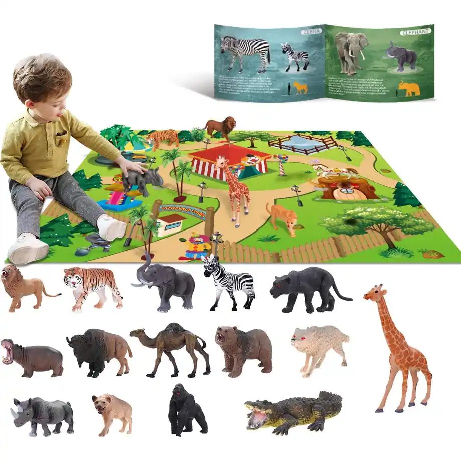 A set of realistic plush animal toys, including various farm and wild animals, perfect for engaging and educational indoor games for toddlers and young children. Soft, durable, and designed to inspire imaginative play and learning.