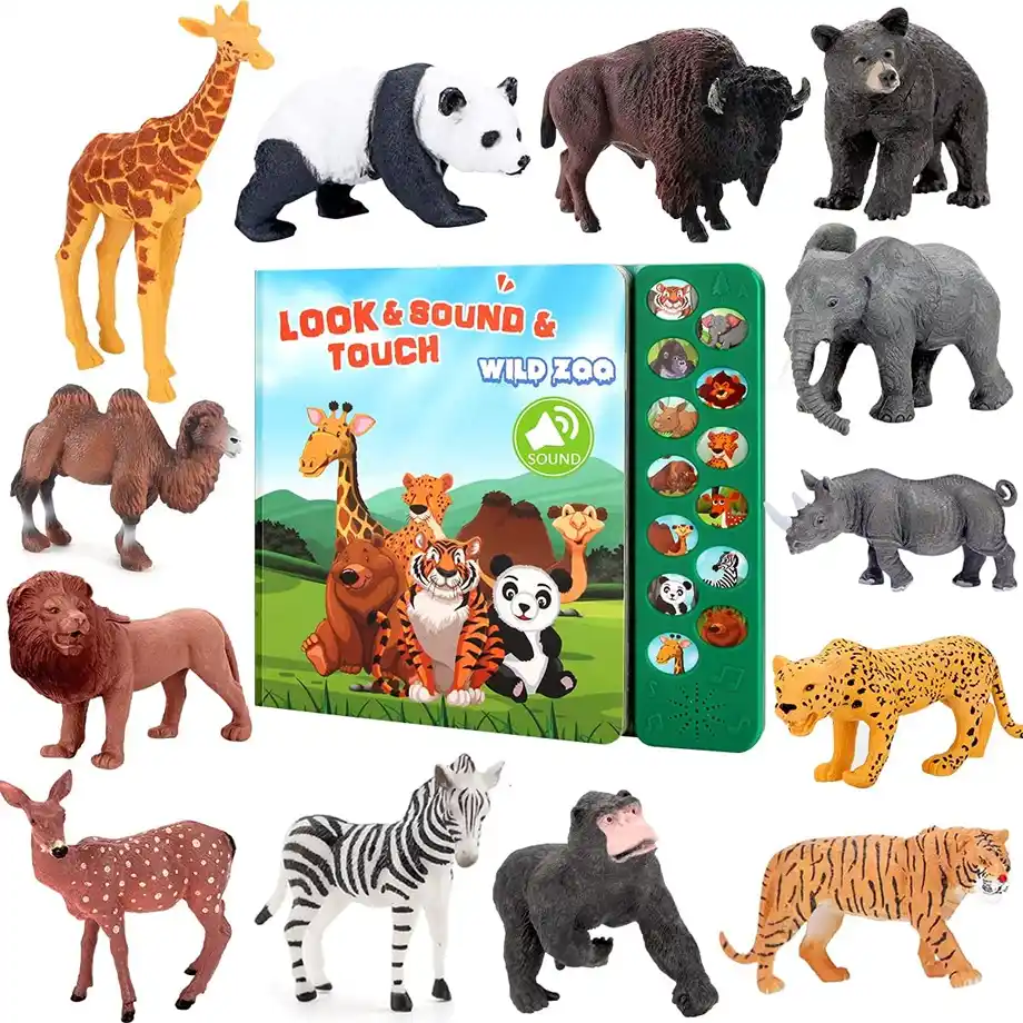 A collection of Tudoccy safari animal figurines, featuring highly detailed and realistic designs of wild animals. Perfect for creative and educational indoor games, these figurines encourage imaginative play, storytelling, and learning about wildlife for toddlers and kids.