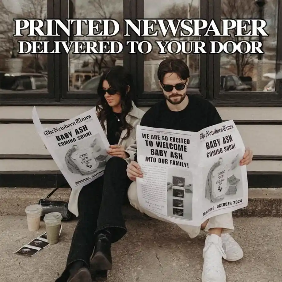 Celebrate your pregnancy with a unique newspaper-style printed announcement. A perfect blend of creativity and nostalgia, this announcement makes for an unforgettable way to share your big news. Ideal for parents seeking fun and original pregnancy announcement ideas.