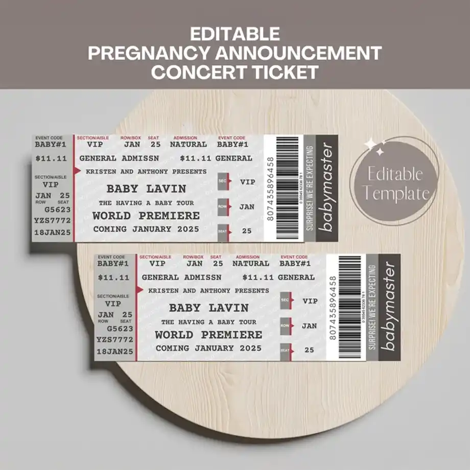 Create a personalized pregnancy announcement with this editable pregnancy announcement ticket. A customizable and creative way to share your big news, perfect for those seeking distinctive pregnancy announcement ideas.