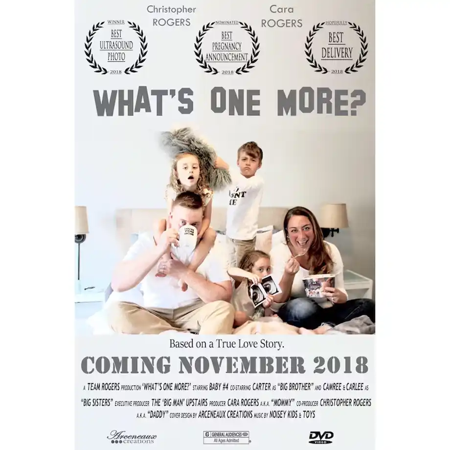 A playful custom movie poster with the title 'What’s One More,' designed as a fun and cinematic way to share your exciting news, perfect for unique pregnancy announcement ideas.