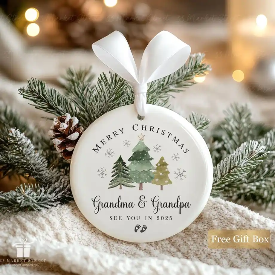 Share your joyful pregnancy announcement with this 'Promoted to Grandparents' ornament. A perfect keepsake to celebrate new beginnings and include in your pregnancy announcement ideas.