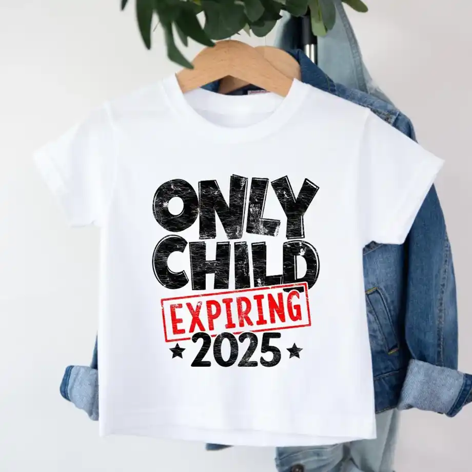 Celebrate the arrival of your new baby with this playful 'Only Child Expiring 2025' toddler shirt, a perfect way to reveal your pregnancy to family and friends. A unique pregnancy announcement idea!