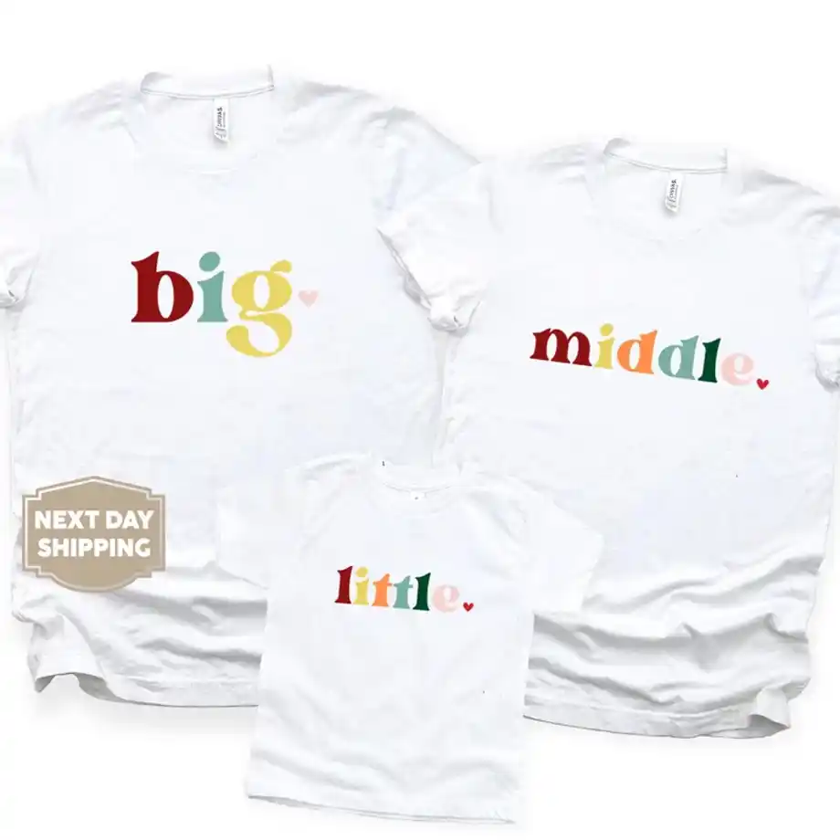 Celebrate your growing family with these Big, Middle, Little matching sibling shirts – a fun and unique pregnancy announcement idea for introducing your second child!