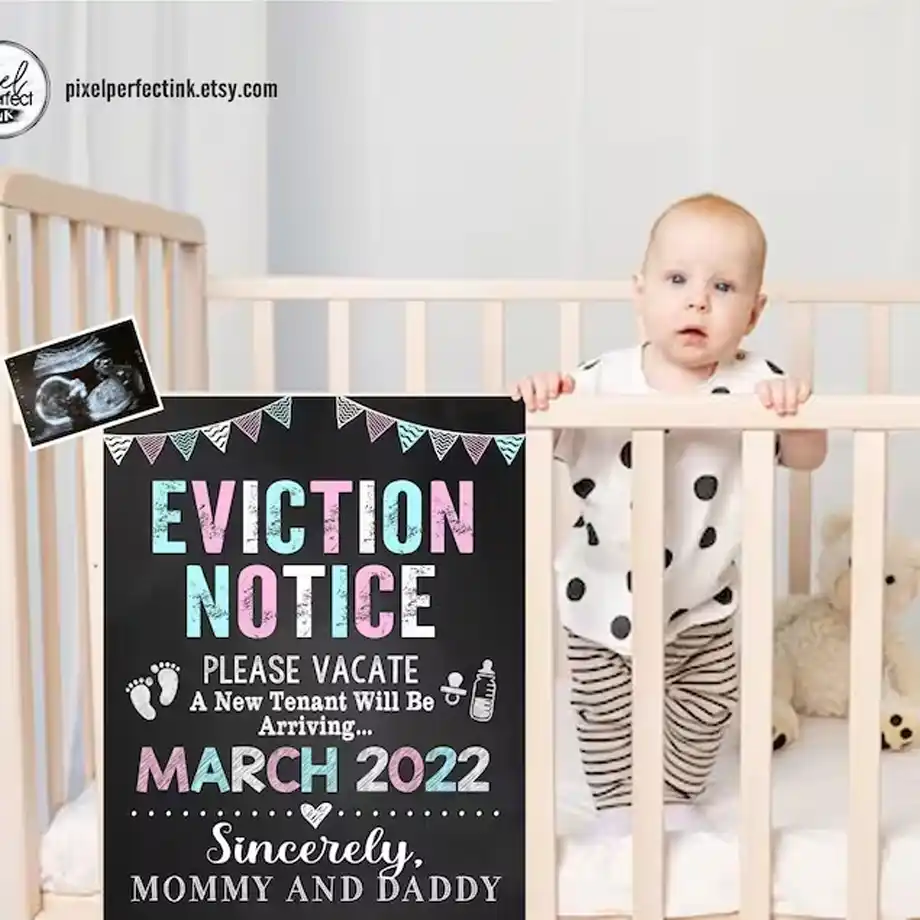 Make your pregnancy announcement memorable with this personalized Eviction Notice sign – a fun and unique way to share your exciting news with your older child. Perfect for sibling pregnancy reveals!