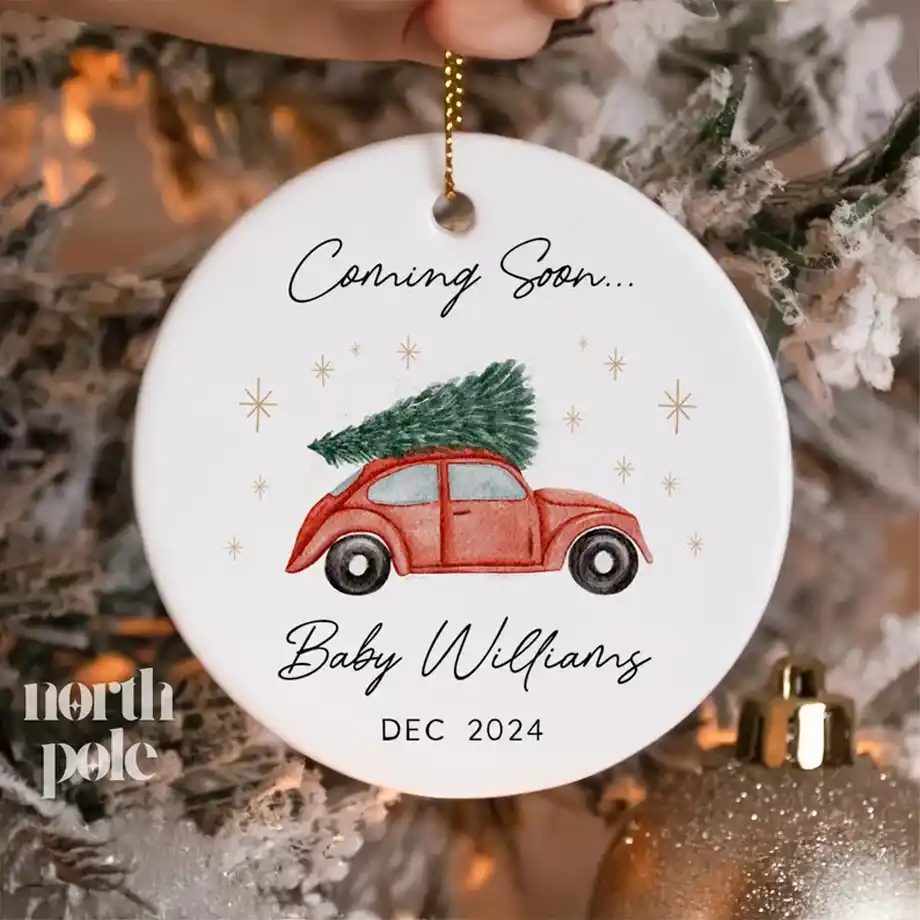 Elegant 'Baby Coming Soon' ornament designed for creative pregnancy announcement ideas. A thoughtful and festive keepsake to reveal your joyful news during the holiday season.