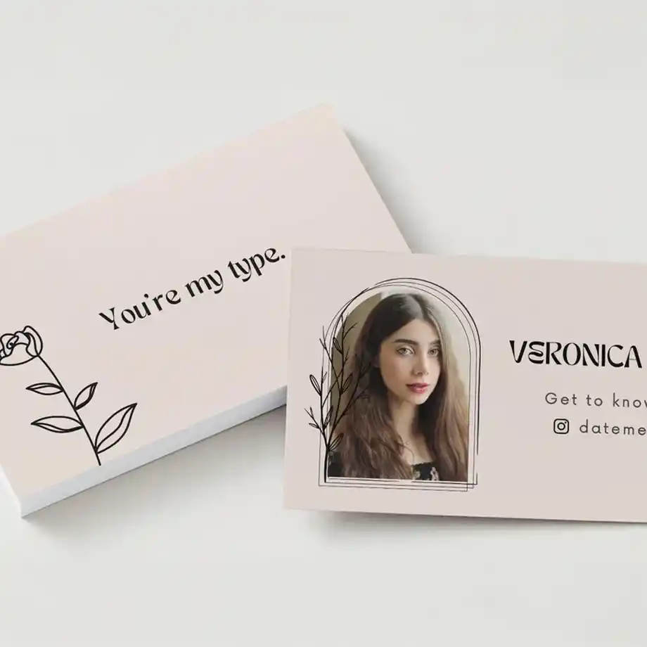 A fun and flirty "You're My Type" dating card featuring playful Rizz lines, perfect for leaving a memorable impression. Fully customizable, this card is ideal for making a bold statement and breaking the ice on your next coffee date or night out.