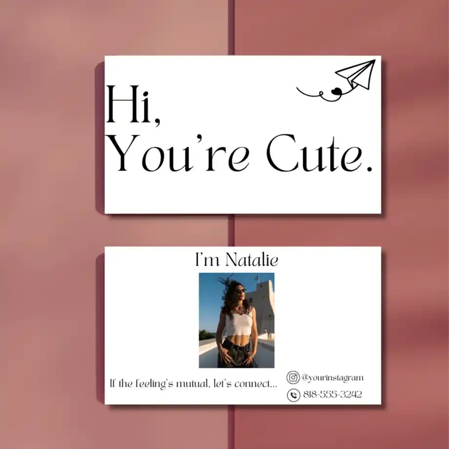 A playful and charming dating business card featuring catchy Rizz lines to leave a lasting impression. Perfect for breaking the ice and sparking conversations in a fun and bold way, this card is a great tool for your next social outing or date night. Customize your card to suit your style and personality.