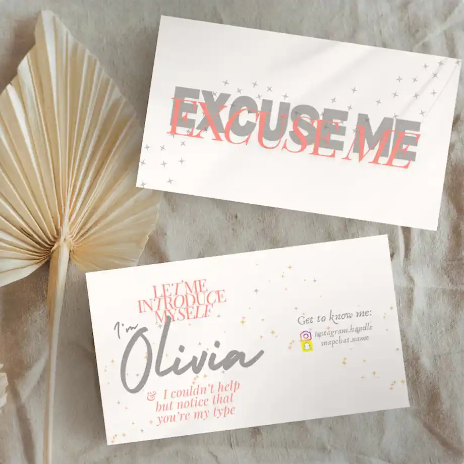 This editable single dating business card featuring playful Rizz lines is the perfect tool for making a memorable and fun impression. Customize it to suit your style and start flirty conversations with ease. Ideal for singles looking to break the ice and connect in a lighthearted way. Perfect for dating events or personal use!