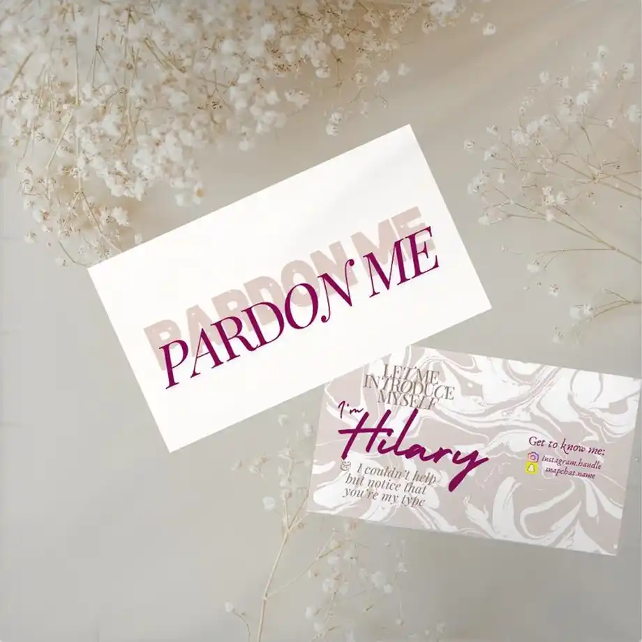 This "Pardon Me" single dating business card with Rizz lines is designed to make a flirty, fun first impression. Customize your card with witty, charming lines and use it to break the ice with ease. Perfect for singles who want to add humor and personality to their dating encounters. Ideal for events or casual meet-ups!