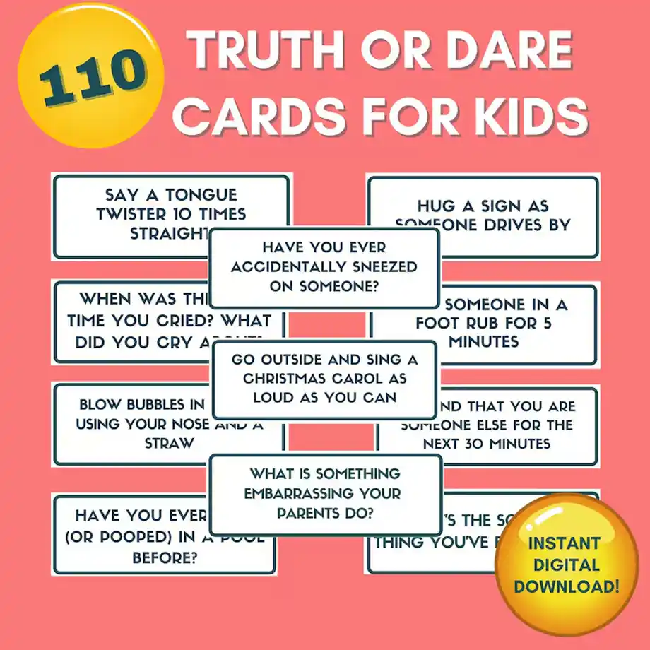 A colorful set of 110 Truth or Dare cards for kids displayed on a pink background, featuring fun challenges and questions like "Say a tongue twister 10 times straight" and "What is something embarrassing your parents do?" Perfect for creative and exciting things to do at sleepovers.