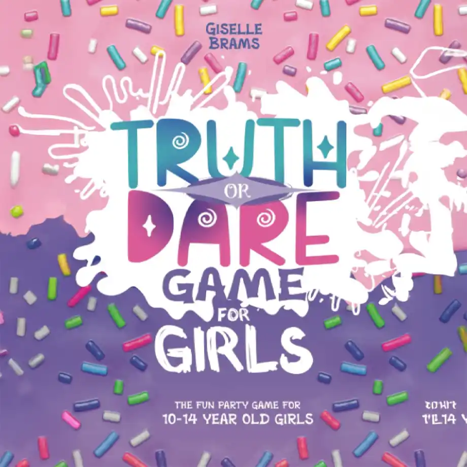 A colorful book cover for "Truth or Dare Game for Girls" by Giselle Brams, featuring playful sprinkles and vibrant text. Designed for girls aged 10-14, this game offers exciting and entertaining things to do at sleepovers, perfect for bonding and creating memories.